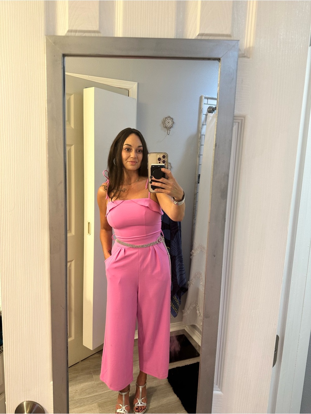 Honey and Rosie Pink Ruffle-Trim Wide-Leg Jumpsuit     WITH POCKETS